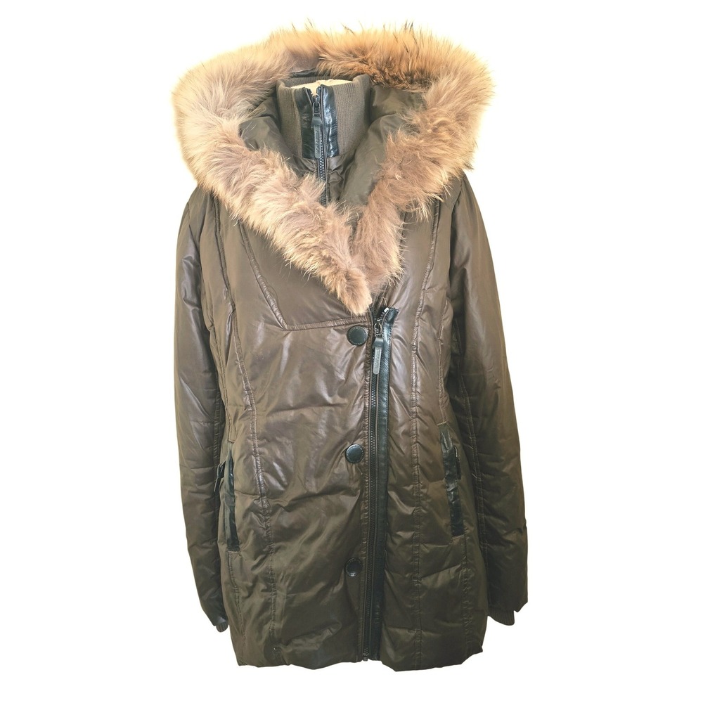 ATELIER NOIR Deep‎ Olive Quilted Down Puffer Coat Fur Hood Zip Front Women's XXL